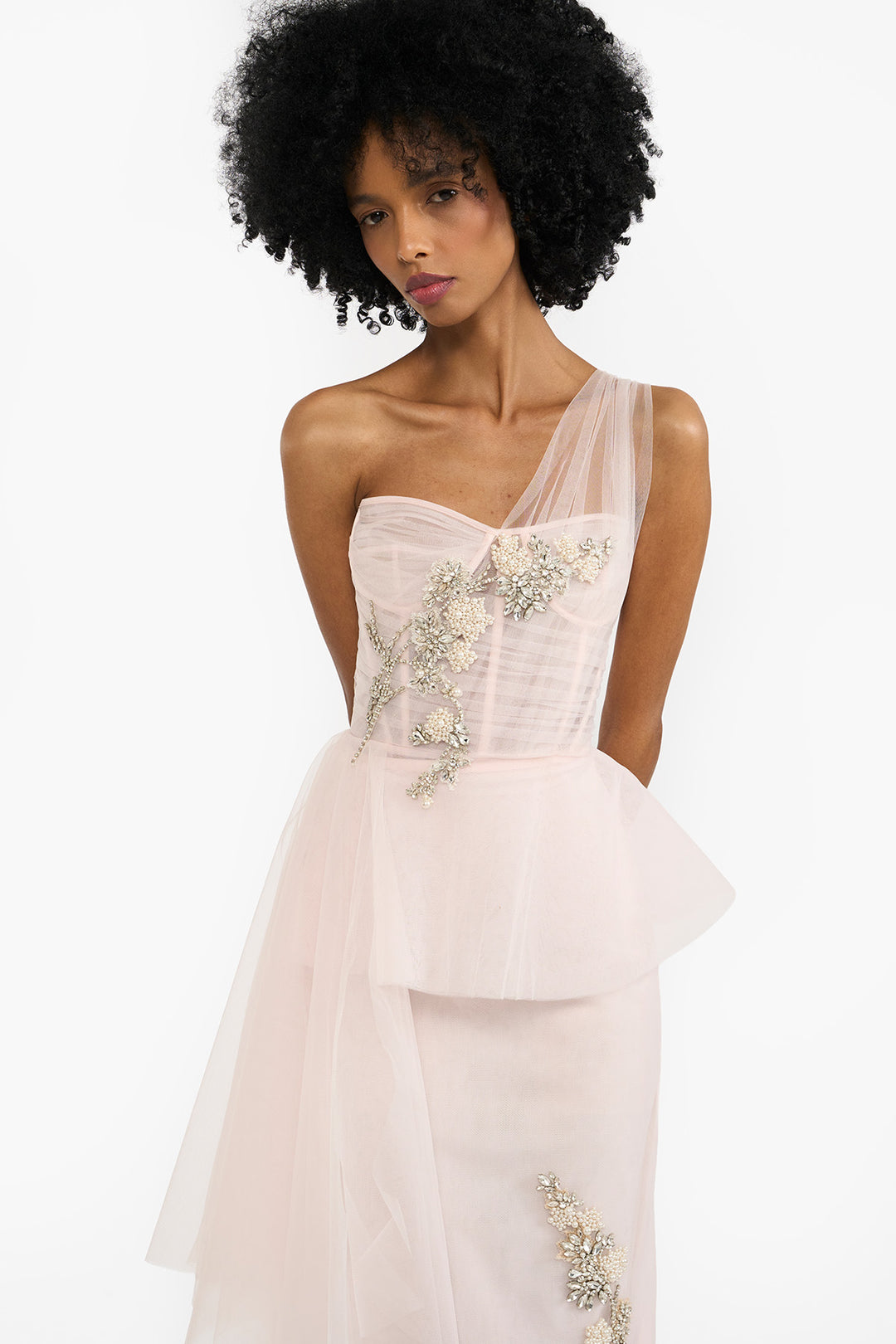 Crystal embellished tulle pencil dress