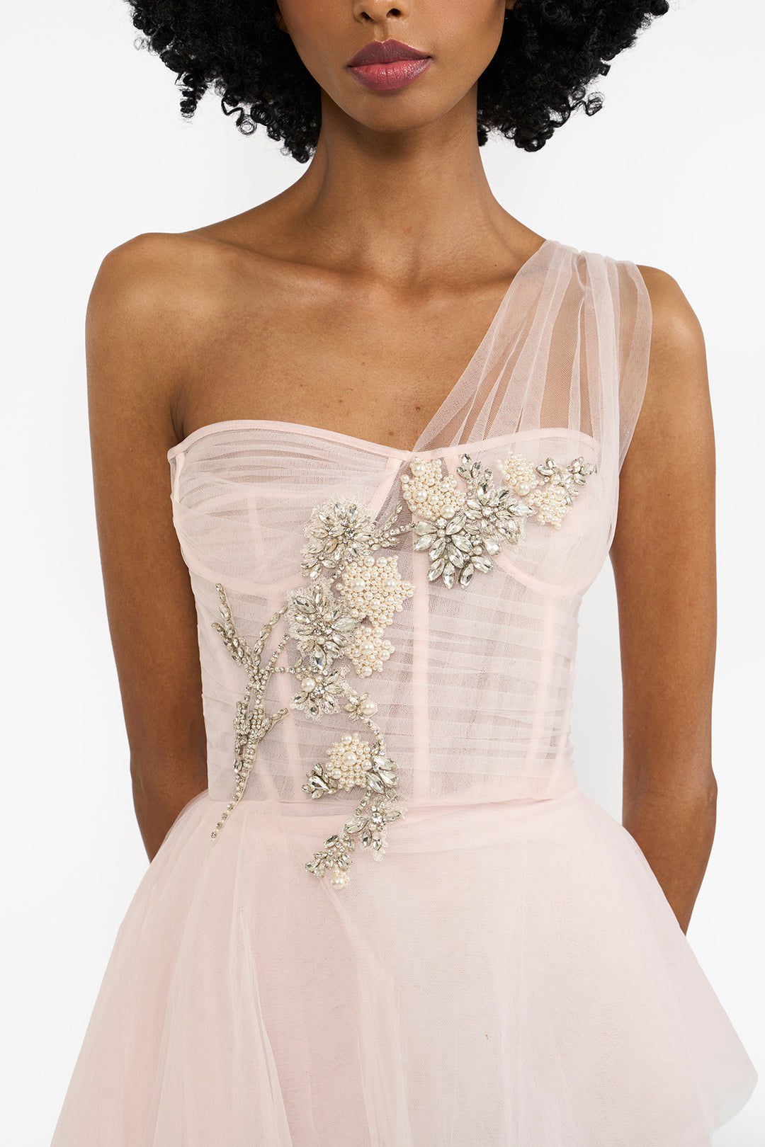 Crystal embellished tulle pencil dress