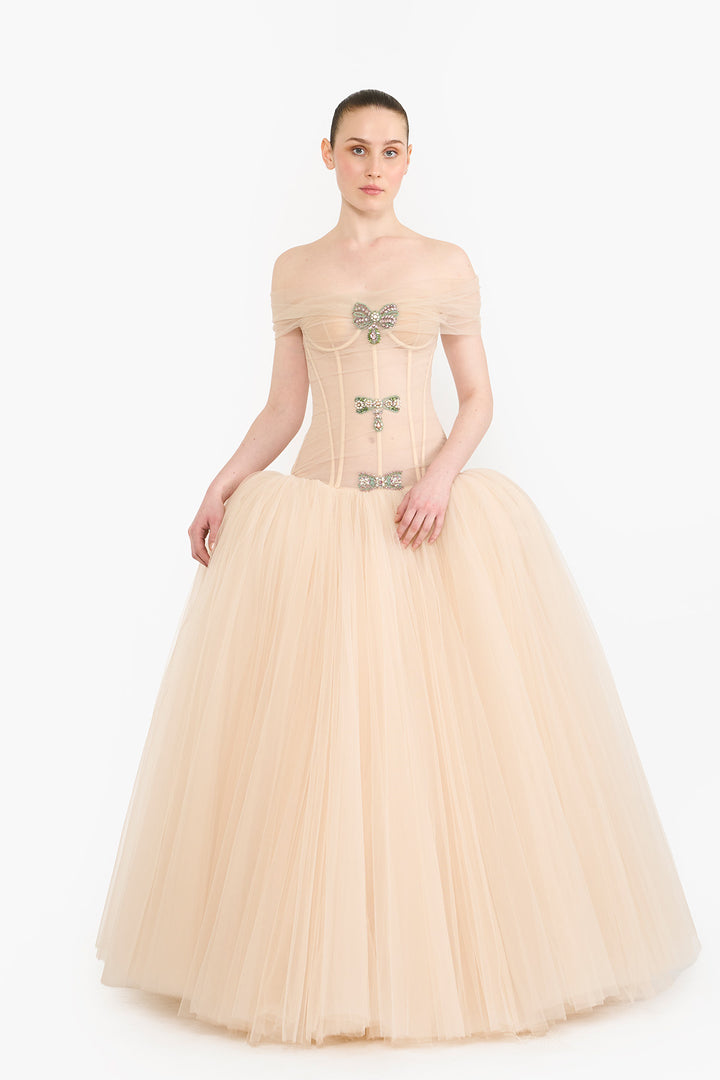 OFF SHOULDER CRYSTAL BOW GOWN