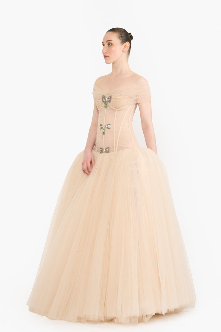OFF SHOULDER CRYSTAL BOW GOWN
