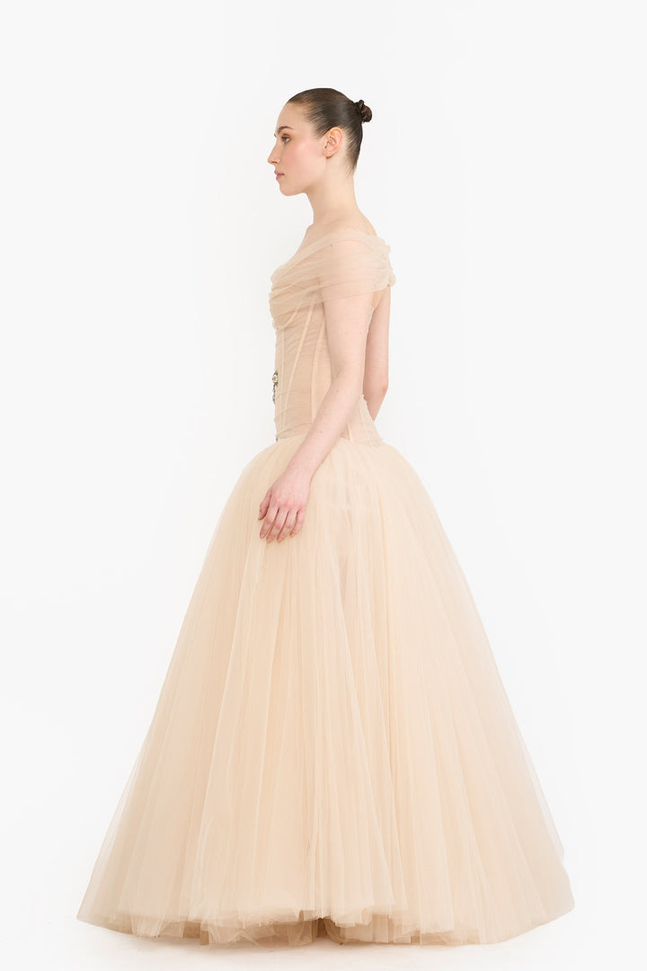 OFF SHOULDER CRYSTAL BOW GOWN