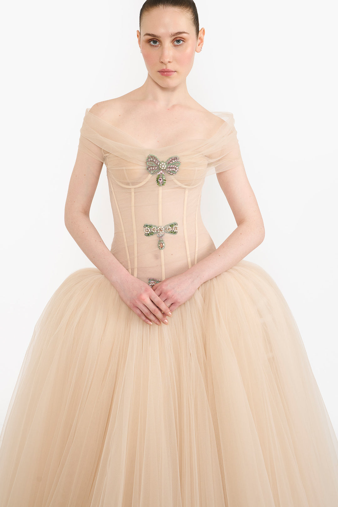 OFF SHOULDER CRYSTAL BOW GOWN