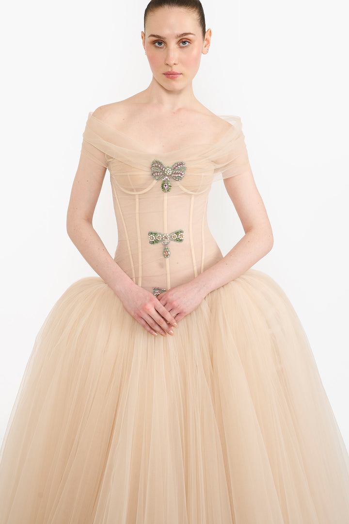 OFF SHOULDER CRYSTAL BOW GOWN
