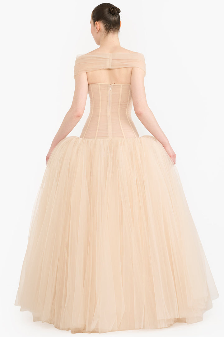 OFF SHOULDER CRYSTAL BOW GOWN