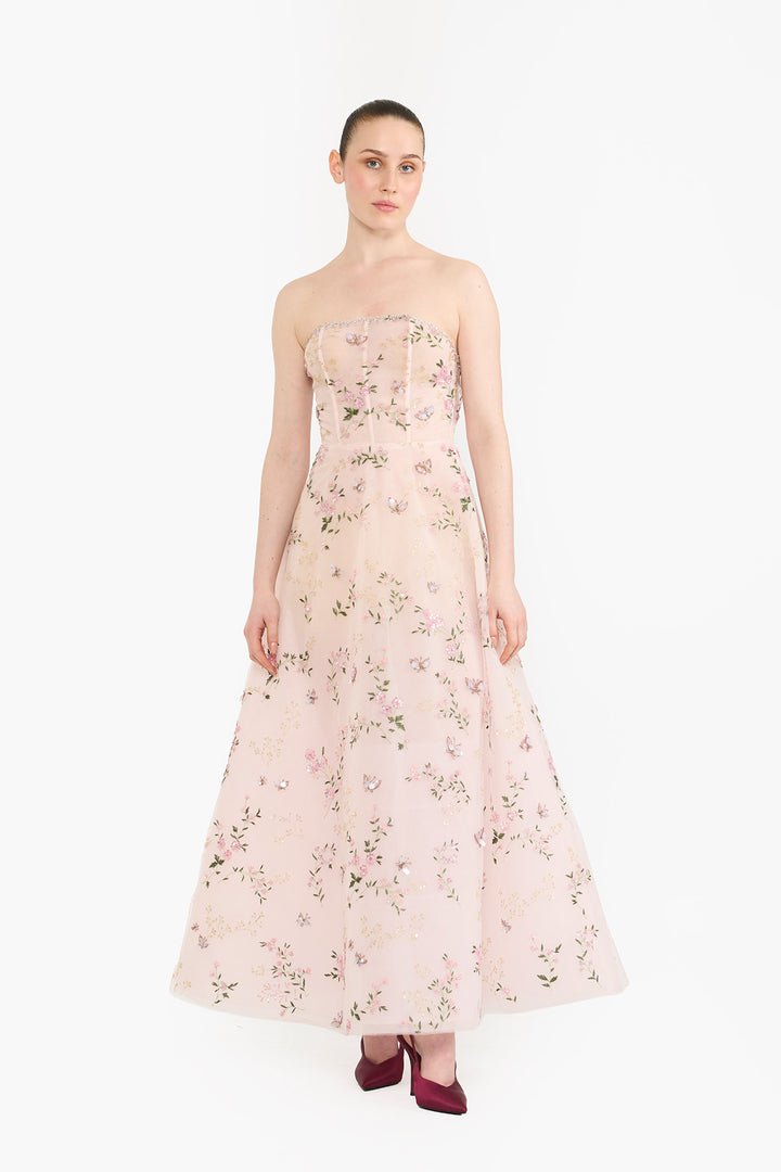 Embroidered tulle tea length maxi