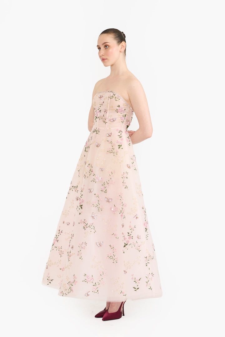 Embroidered tulle tea length maxi