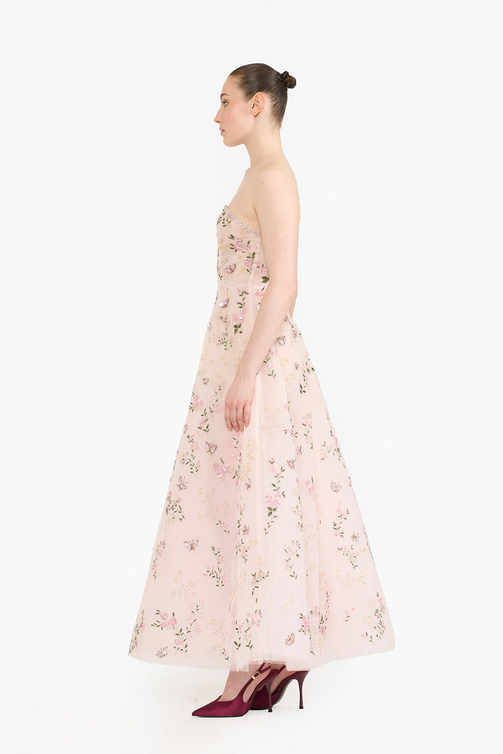 Embroidered tulle tea length maxi