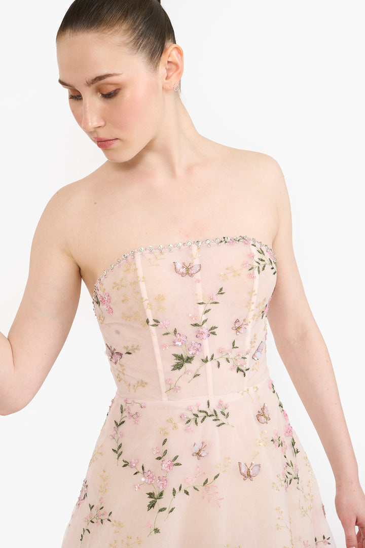 Embroidered tulle tea length maxi