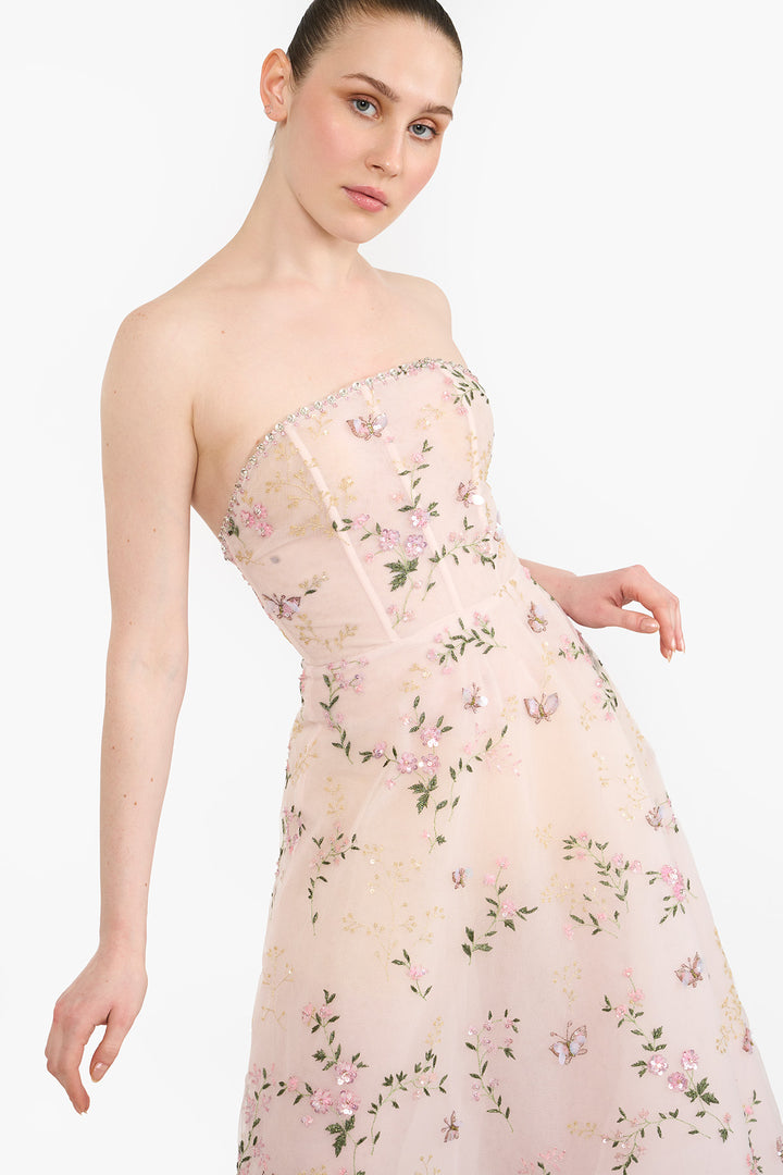 Embroidered tulle tea length maxi