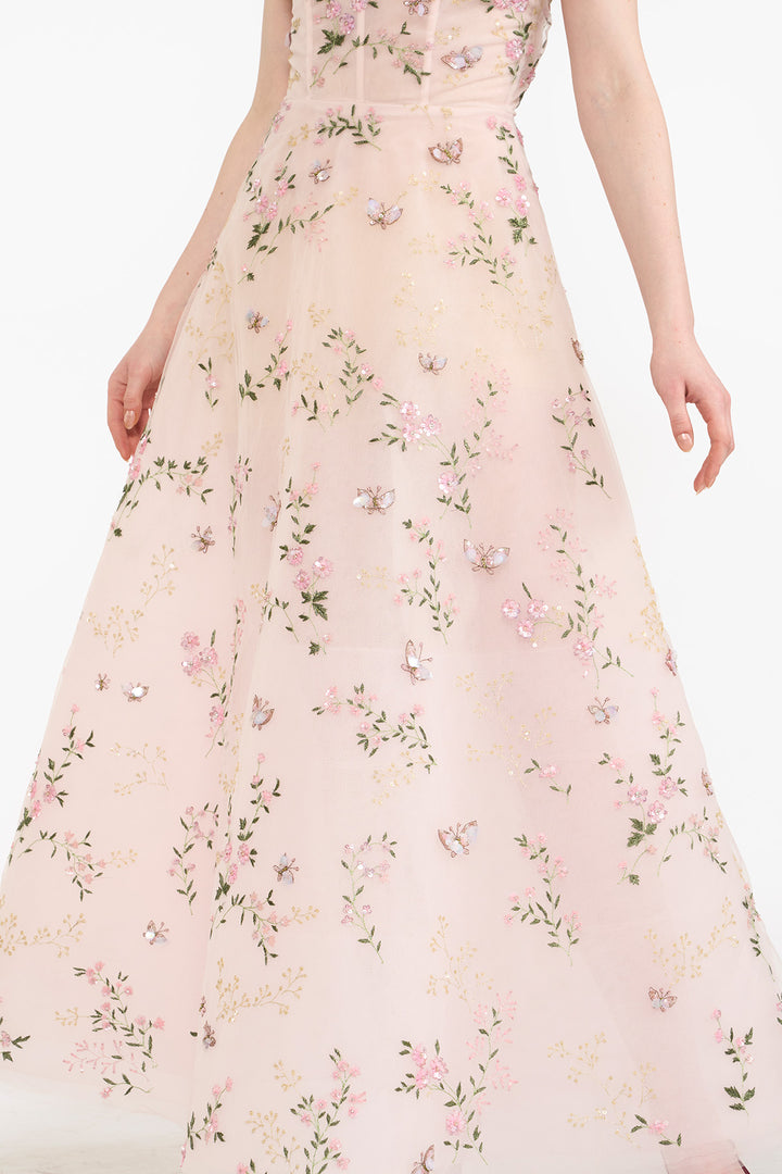 Embroidered tulle tea length maxi