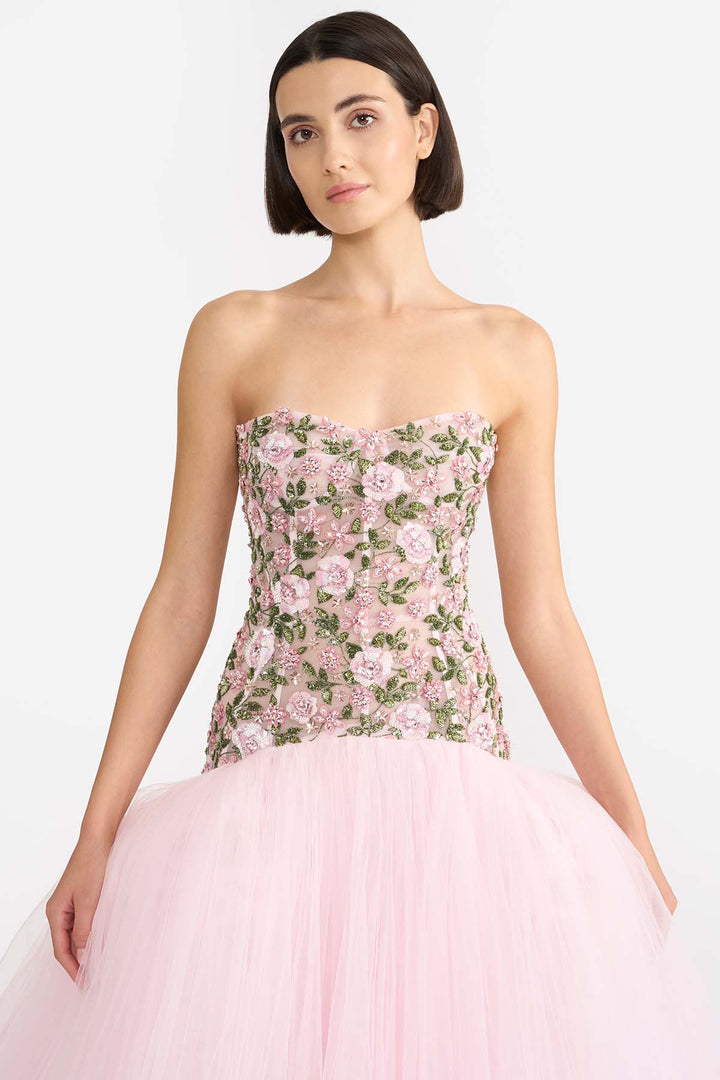 ENCRUSTED DROP WAISTED CORSETED GOWN