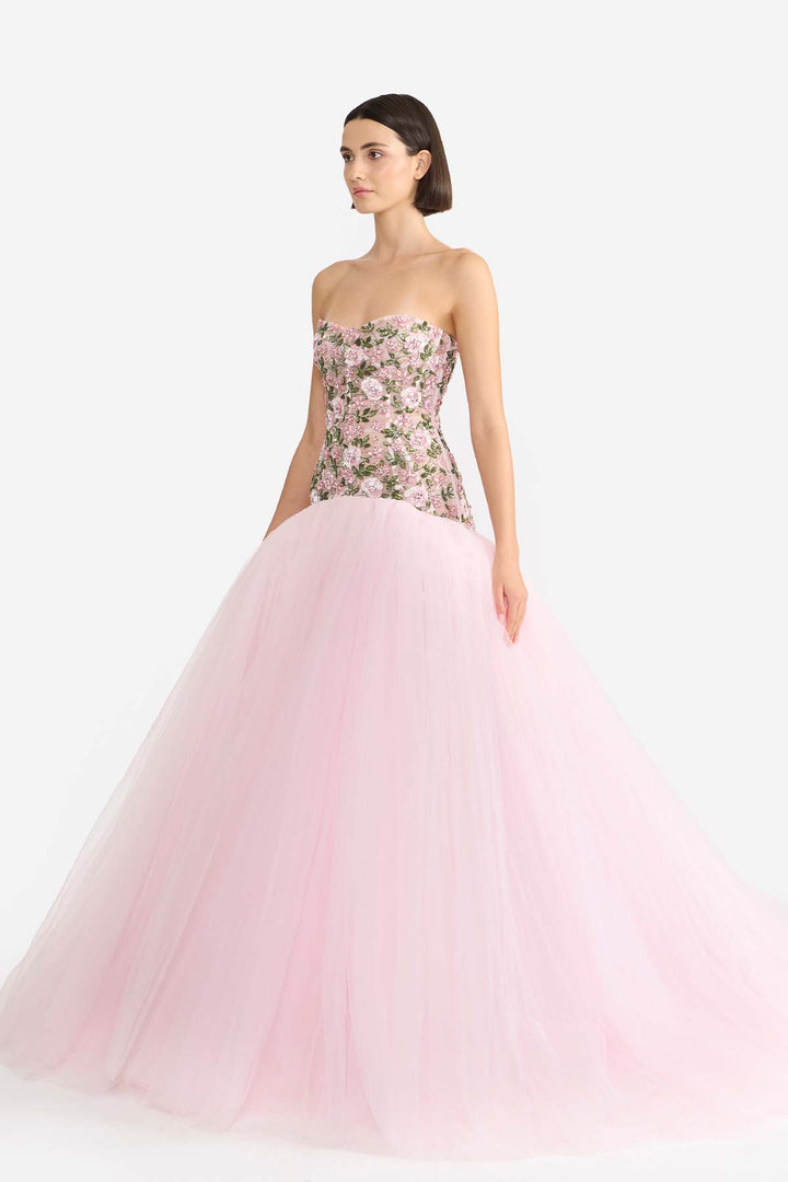 ENCRUSTED DROP WAISTED CORSETED GOWN