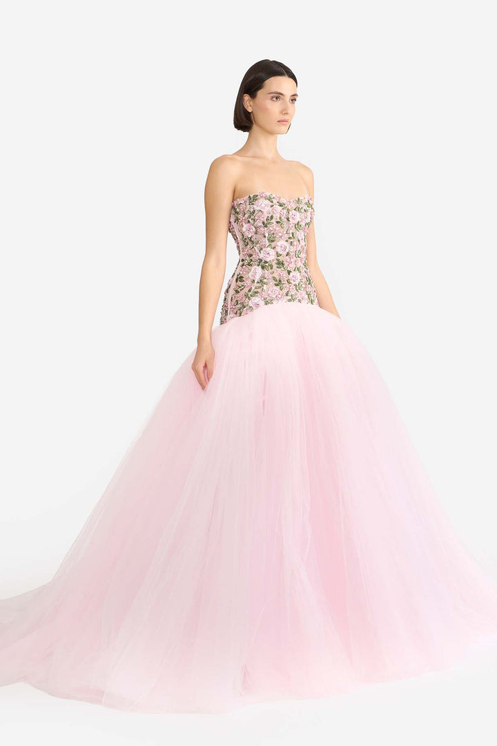 ENCRUSTED DROP WAISTED CORSETED GOWN