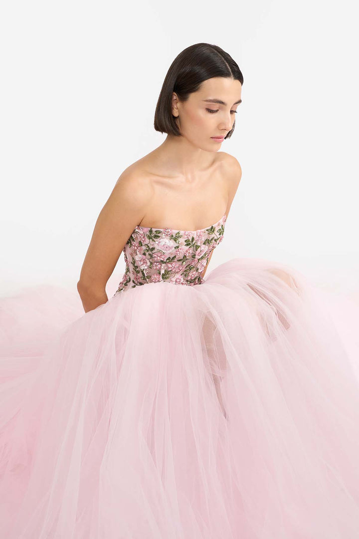 ENCRUSTED DROP WAISTED CORSETED GOWN