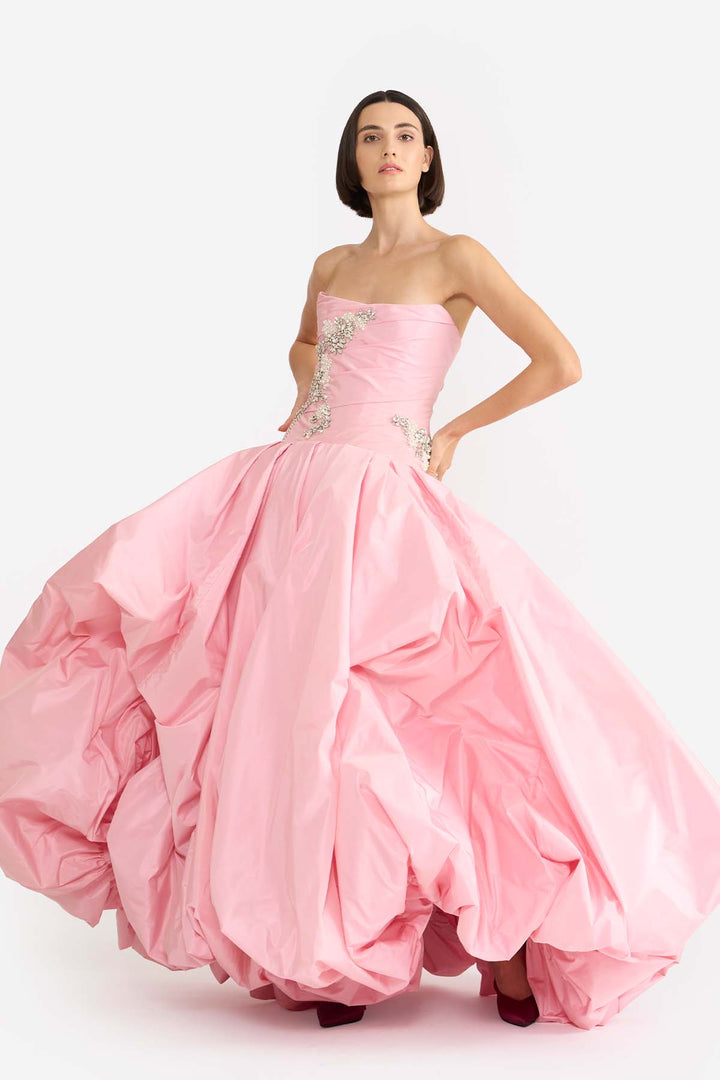 EMBELLISHED DRAPED GOWN WITH BALLOON HEM