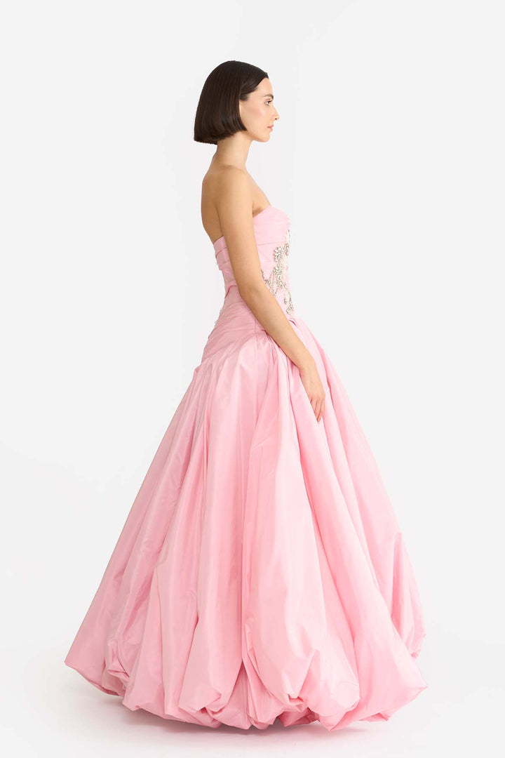 EMBELLISHED DRAPED GOWN WITH BALLOON HEM