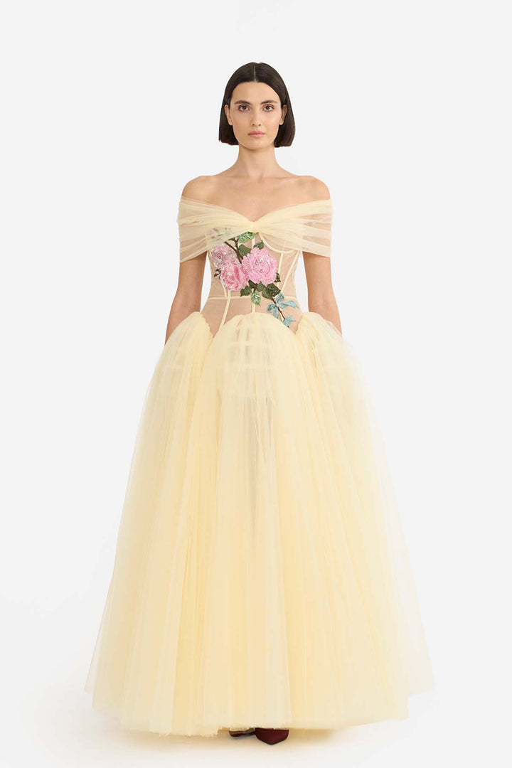 BOW DRAPED CORSETED MAXI DRESS
