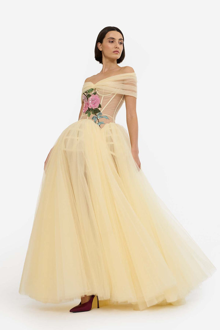 BOW DRAPED CORSETED MAXI DRESS