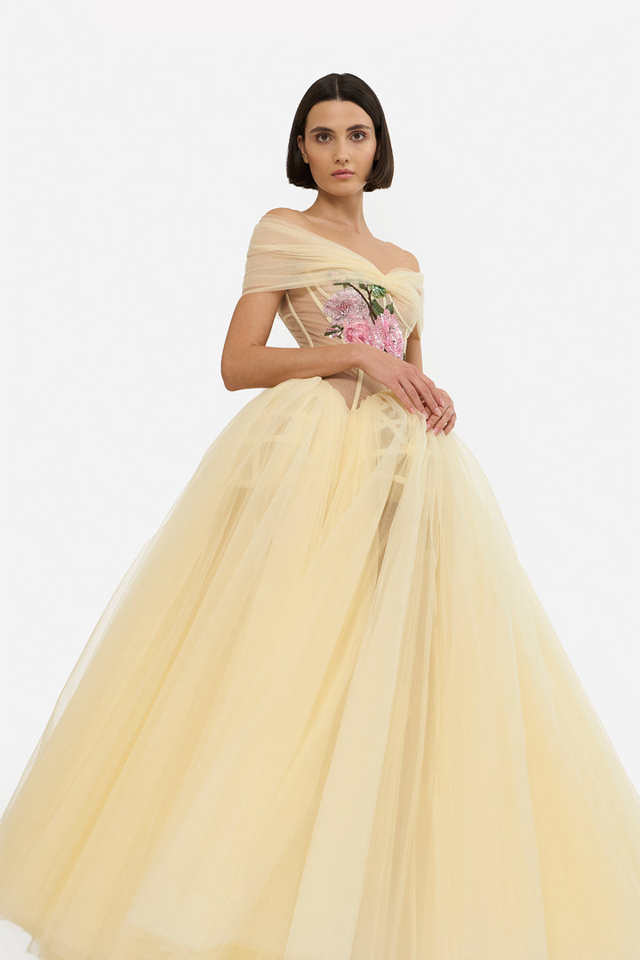 BOW DRAPED CORSETED MAXI DRESS