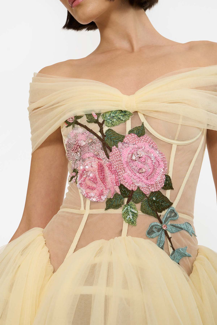 BOW DRAPED CORSETED MAXI DRESS