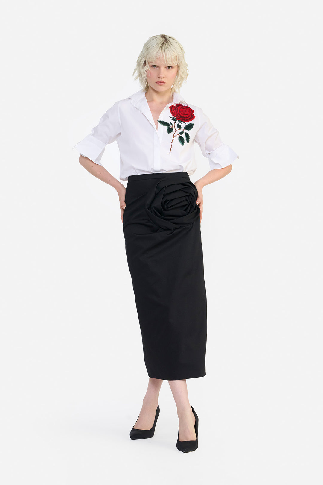 ROSETTE DRAPED COLUMN SKIRT