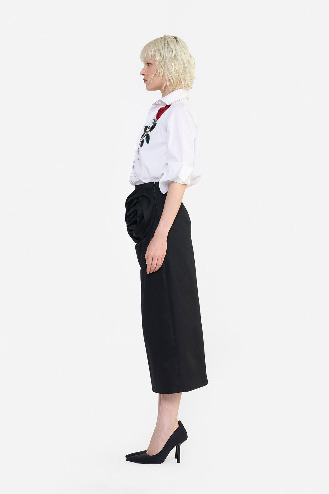 ROSETTE DRAPED COLUMN SKIRT