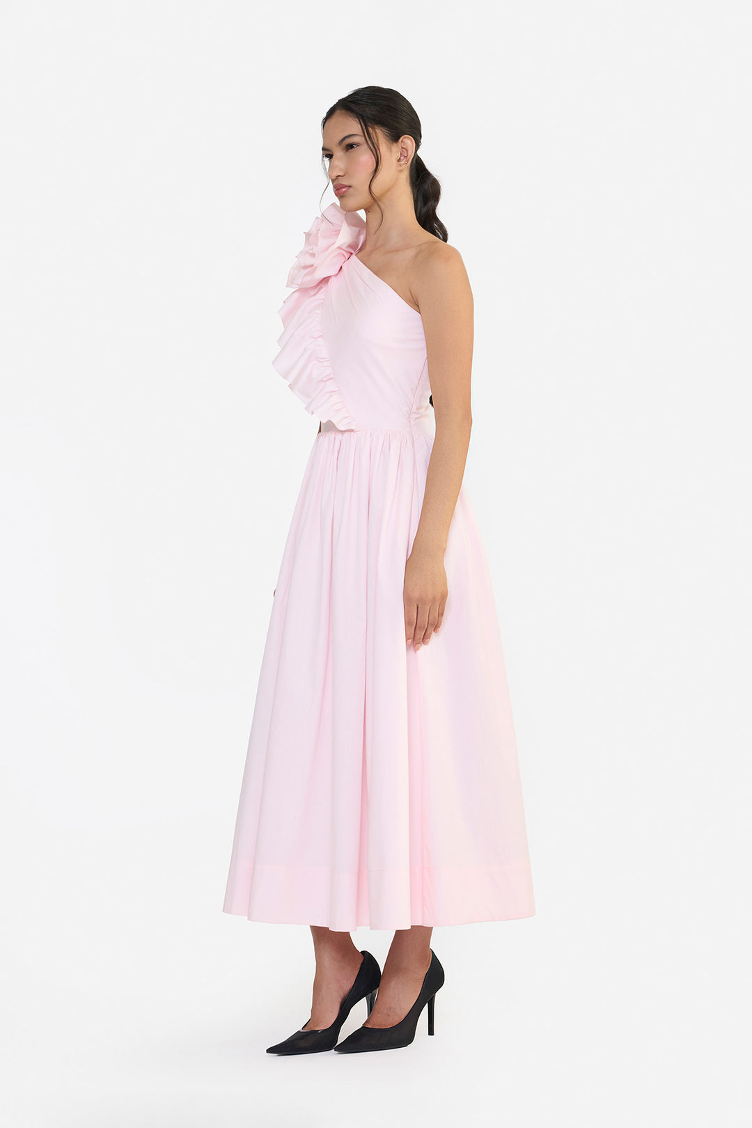 ONE SHOULDER RUFFLE MIDI