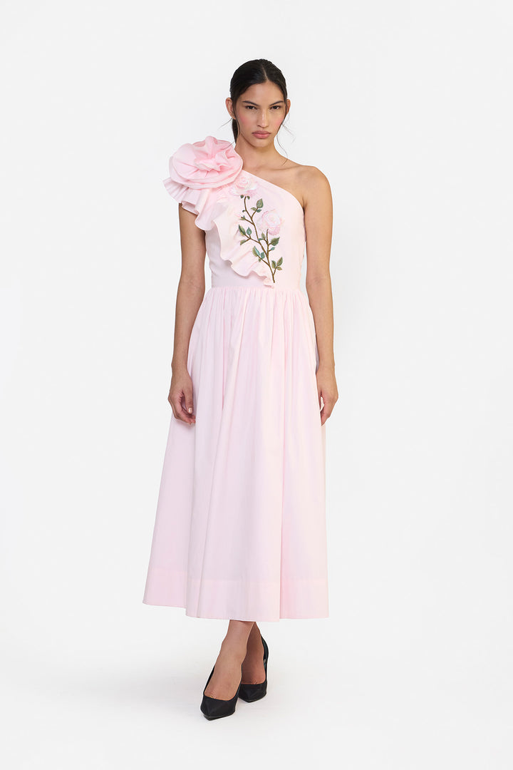 ONE SHOULDER RUFFLE MIDI