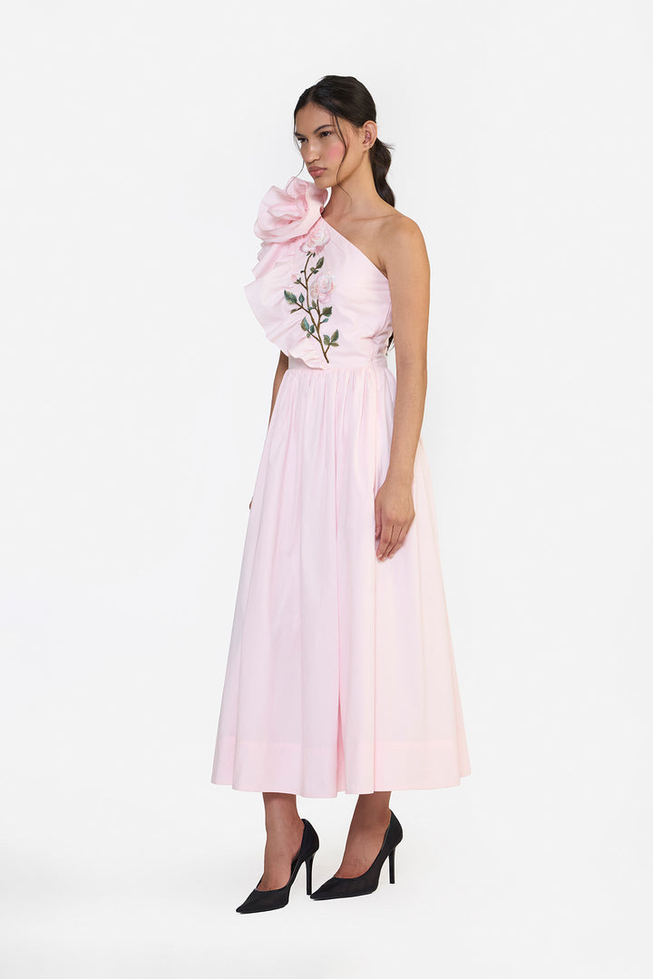 ONE SHOULDER RUFFLE MIDI