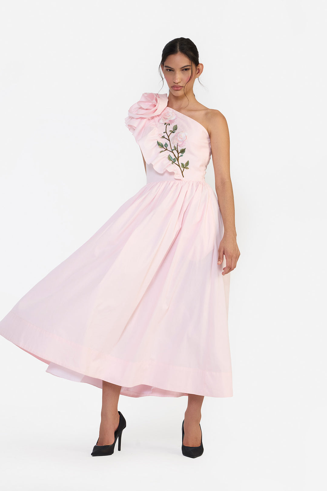 ONE SHOULDER RUFFLE MIDI