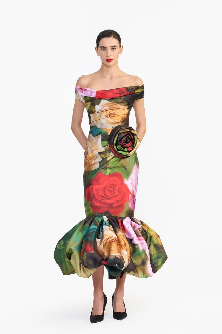 OFF SHOULDER DRAPED MIDI WITH BALLOON HEM