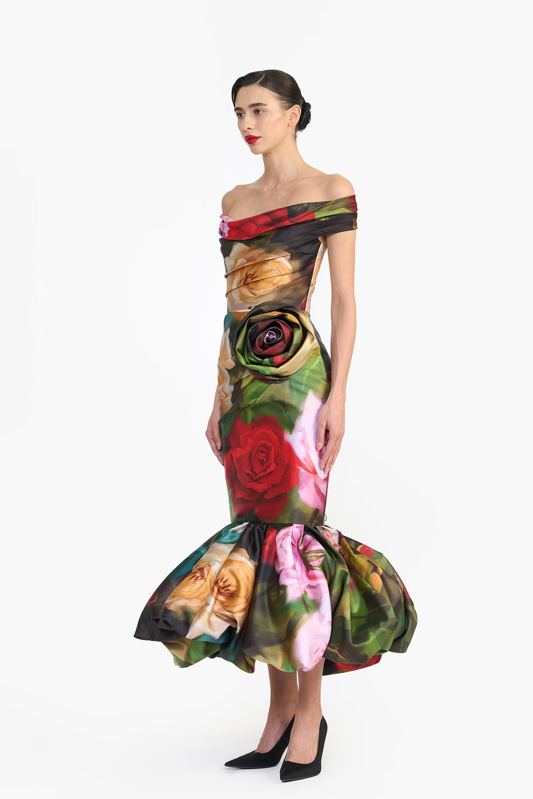 OFF SHOULDER DRAPED MIDI WITH BALLOON HEM