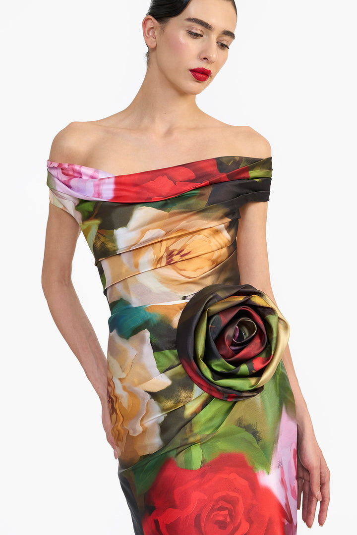 OFF SHOULDER DRAPED MIDI WITH BALLOON HEM