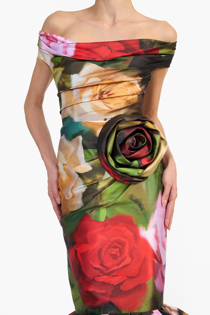 OFF SHOULDER DRAPED MIDI WITH BALLOON HEM