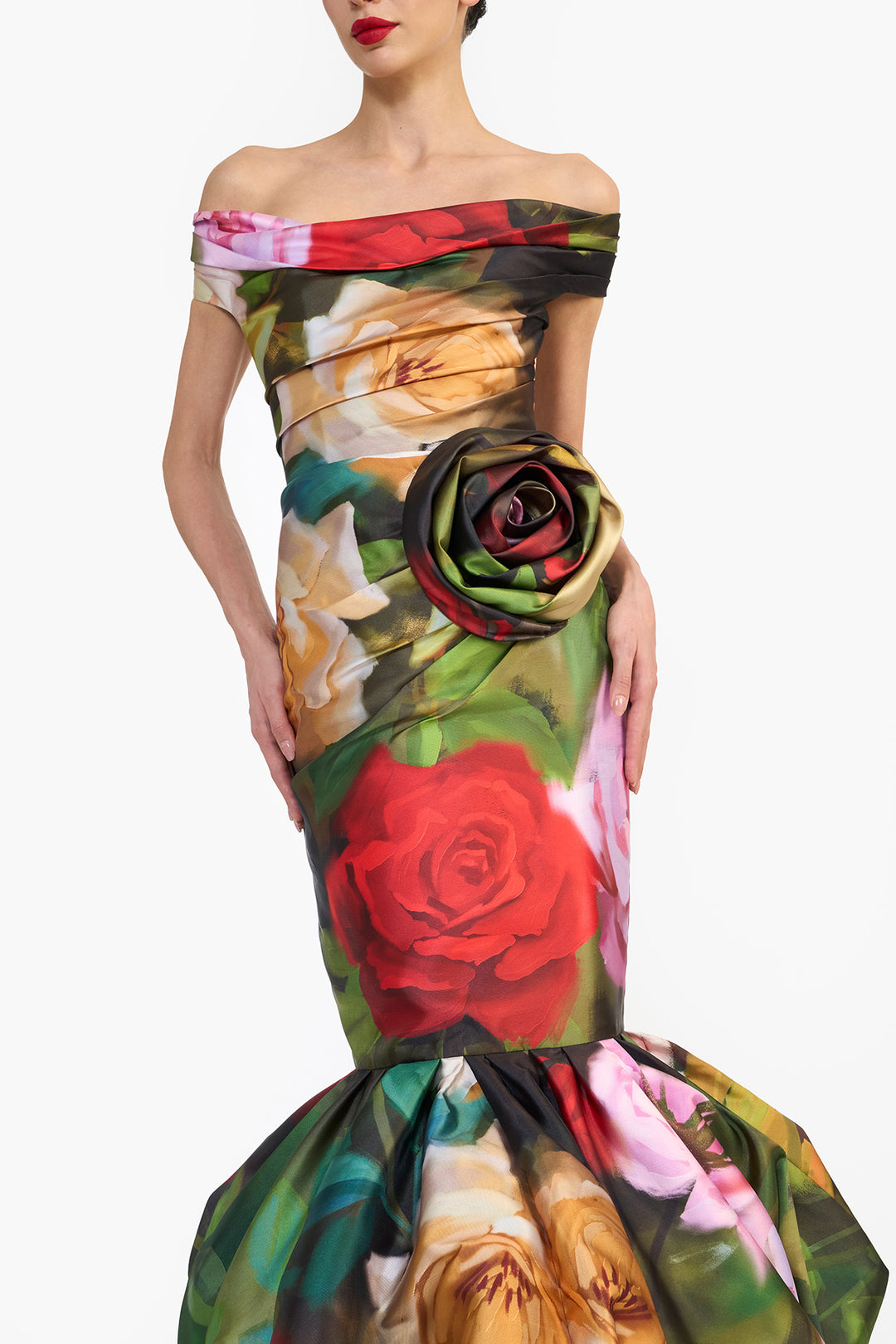 OFF SHOULDER DRAPED MIDI WITH BALLOON HEM