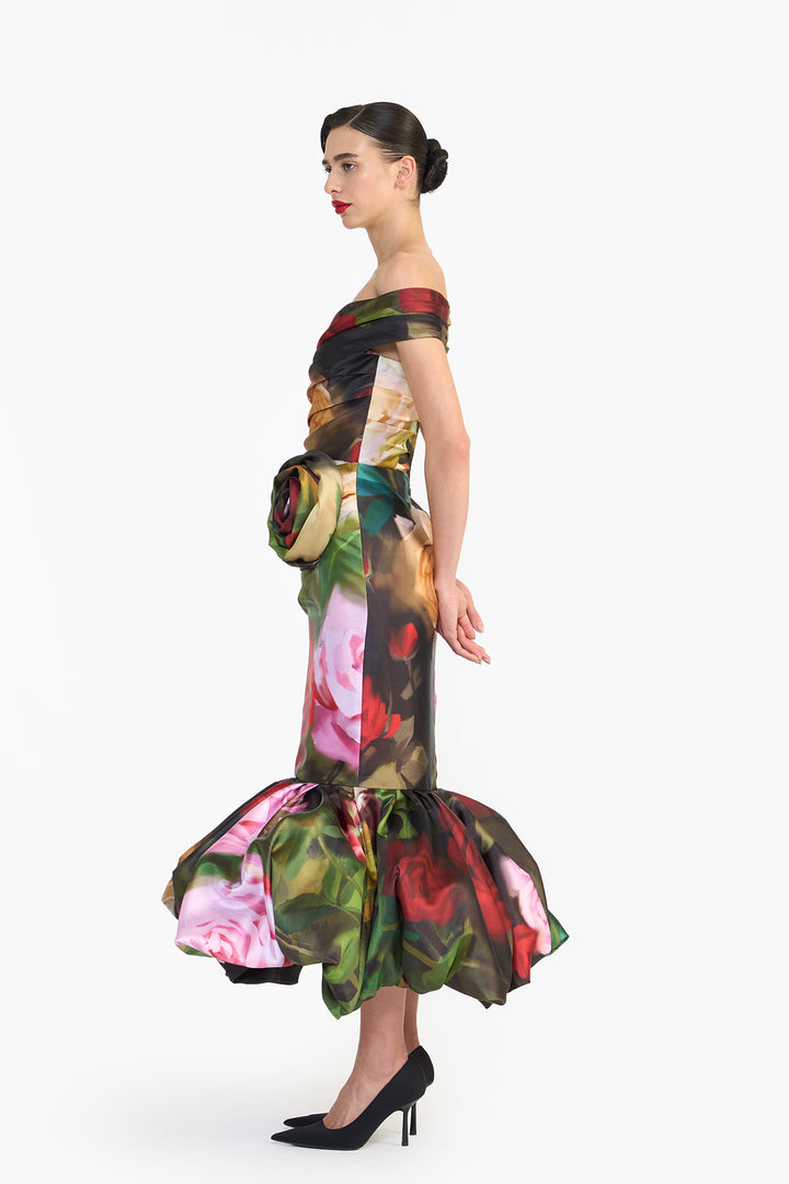OFF SHOULDER DRAPED MIDI WITH BALLOON HEM