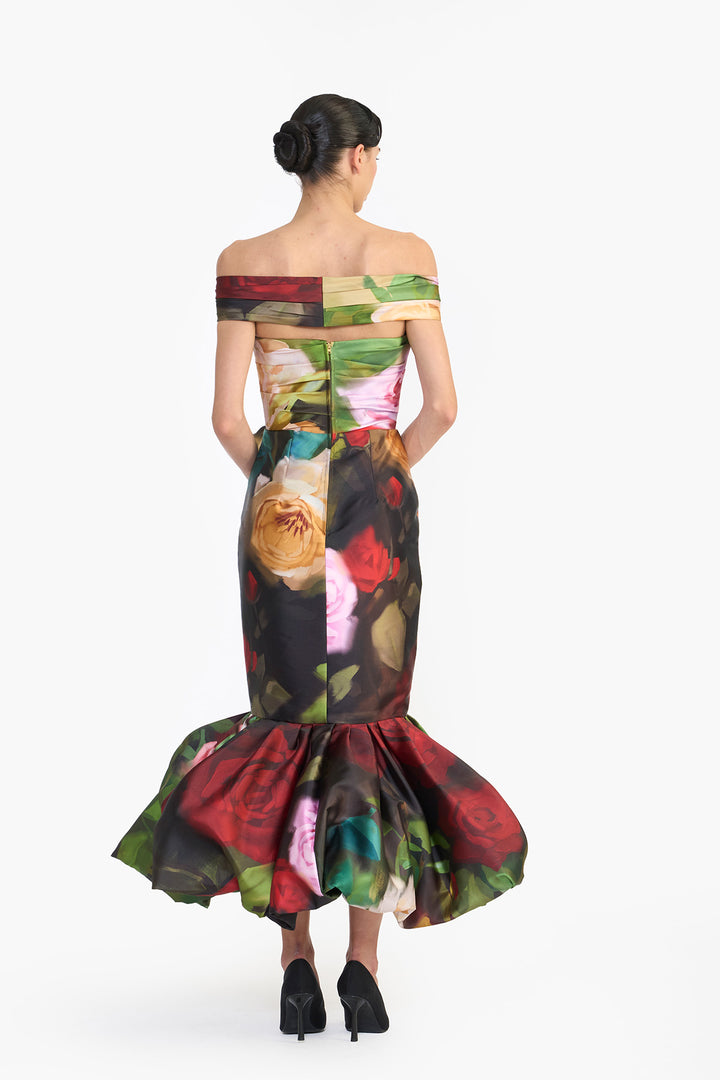 OFF SHOULDER DRAPED MIDI WITH BALLOON HEM