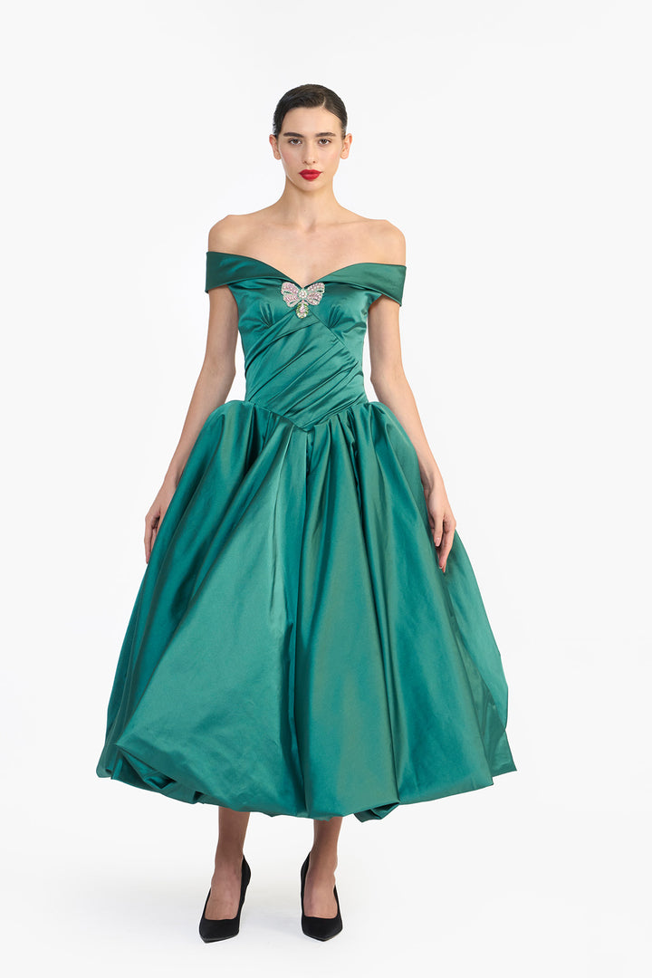 OFF SHOULDER DRAPED BALLOON MIDI