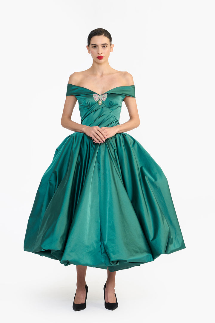 OFF SHOULDER DRAPED BALLOON MIDI