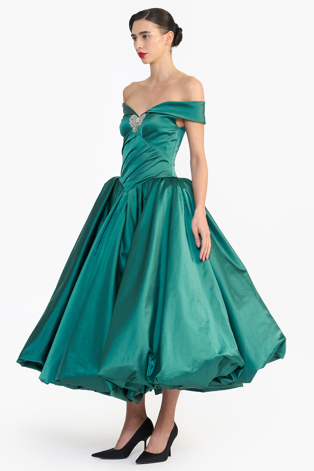 OFF SHOULDER DRAPED BALLOON MIDI