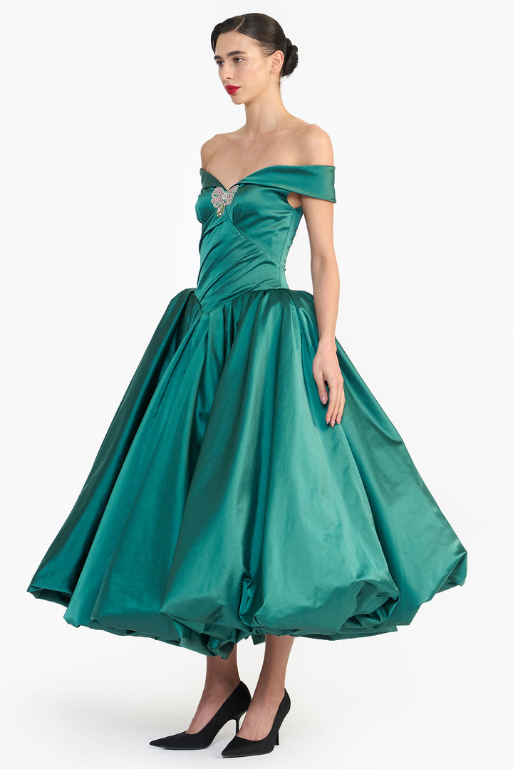 OFF SHOULDER DRAPED BALLOON MIDI