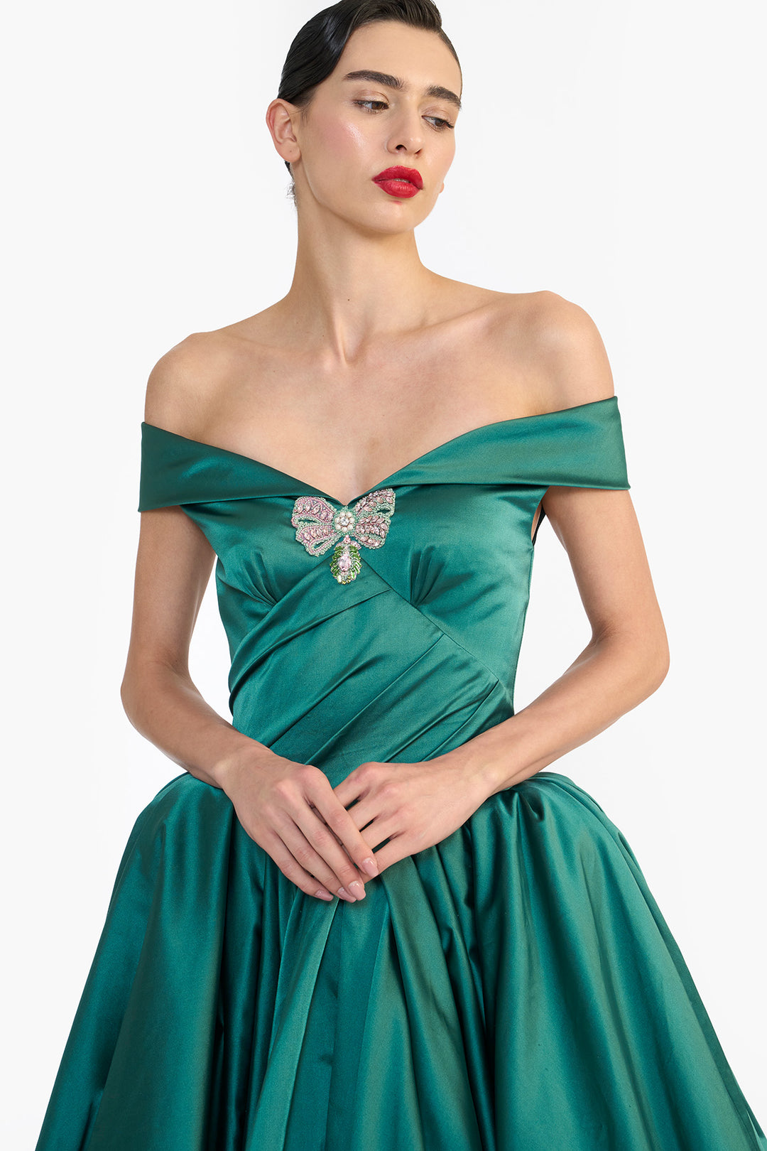 OFF SHOULDER DRAPED BALLOON MIDI