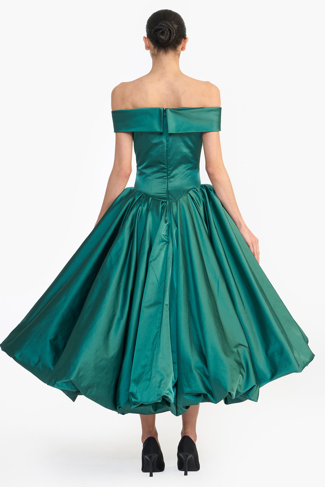OFF SHOULDER DRAPED BALLOON MIDI