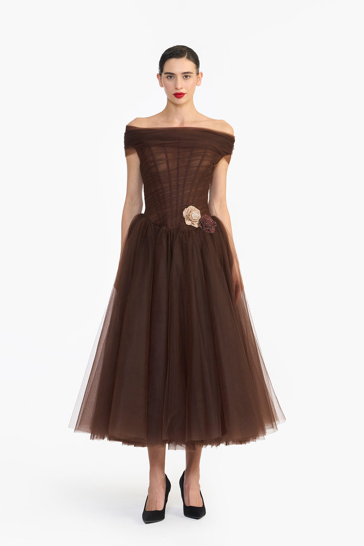 OFF SHOULDER DRAPED TULLE MIDI