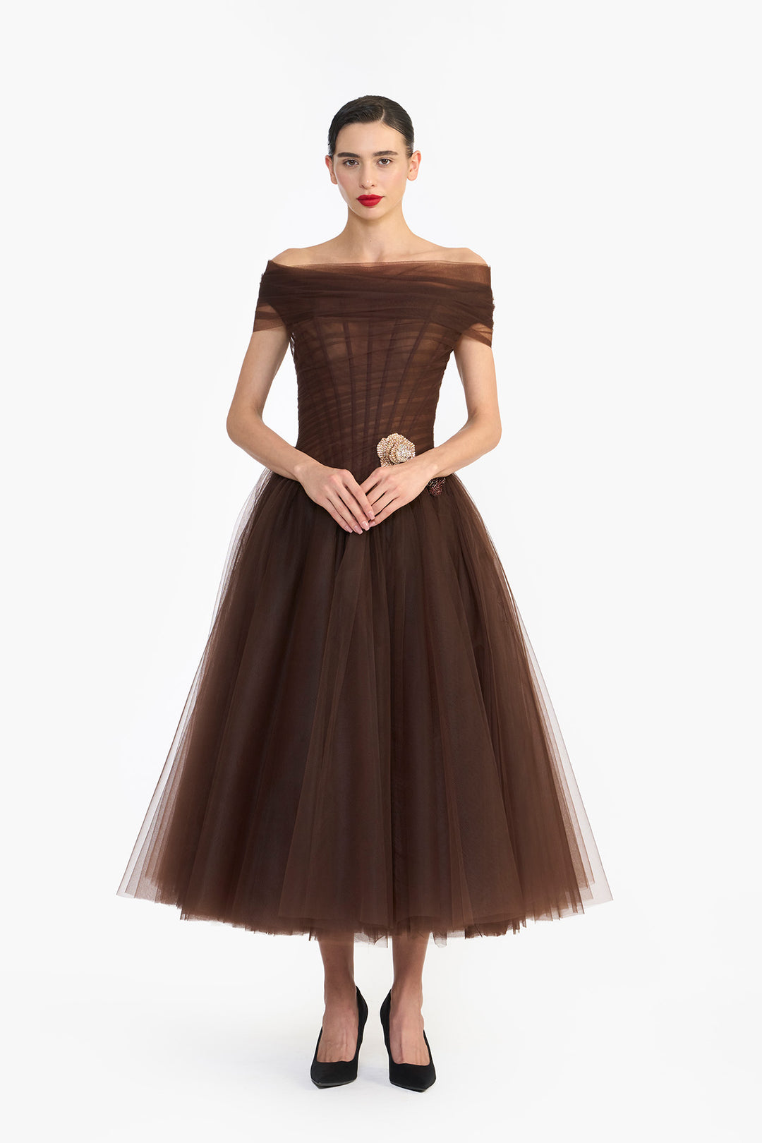 OFF SHOULDER DRAPED TULLE MIDI