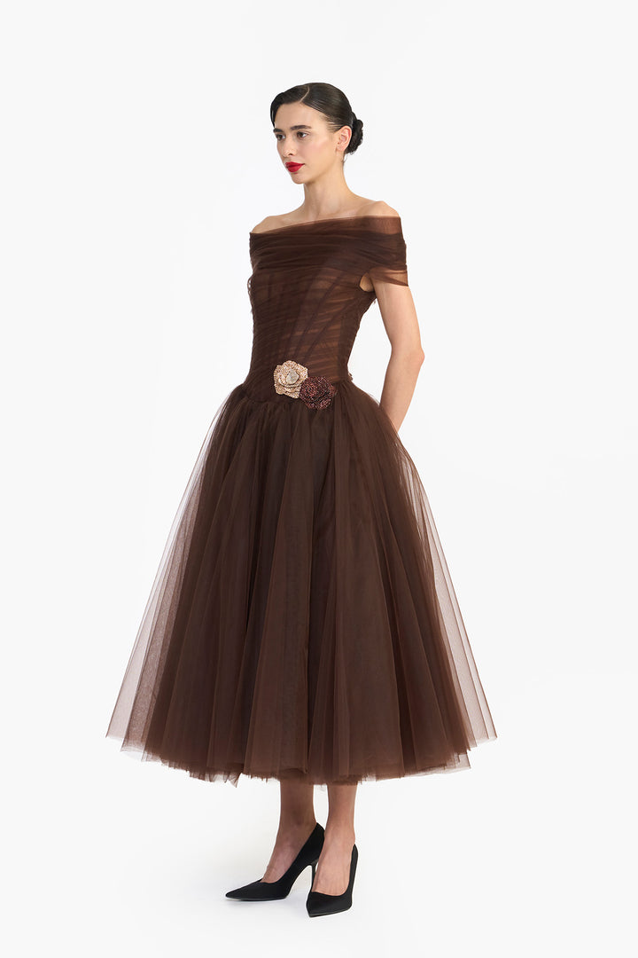 OFF SHOULDER DRAPED TULLE MIDI