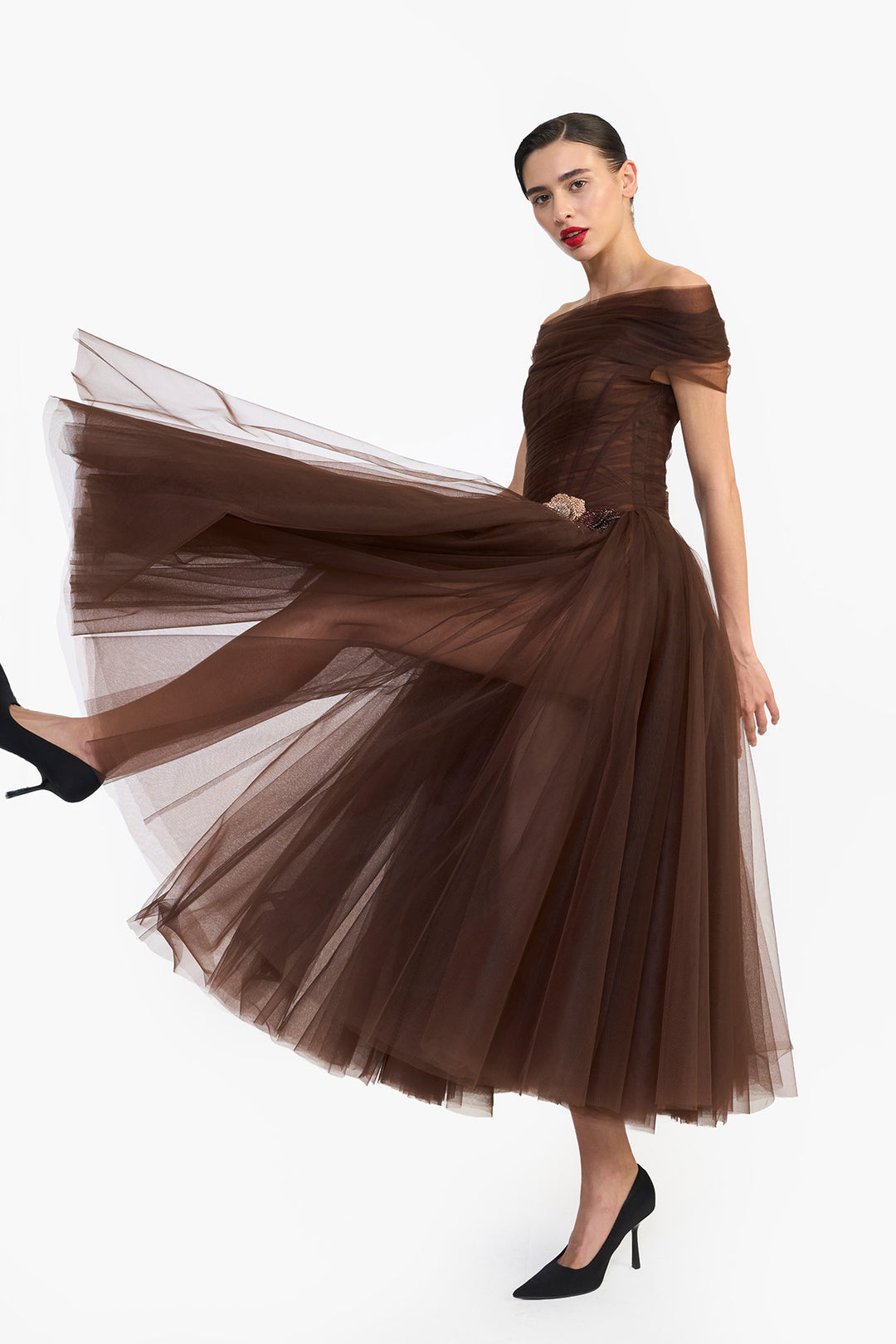 OFF SHOULDER DRAPED TULLE MIDI