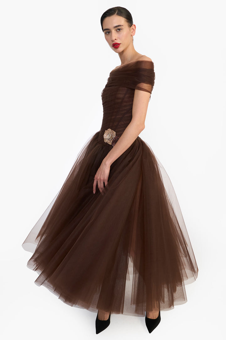 OFF SHOULDER DRAPED TULLE MIDI