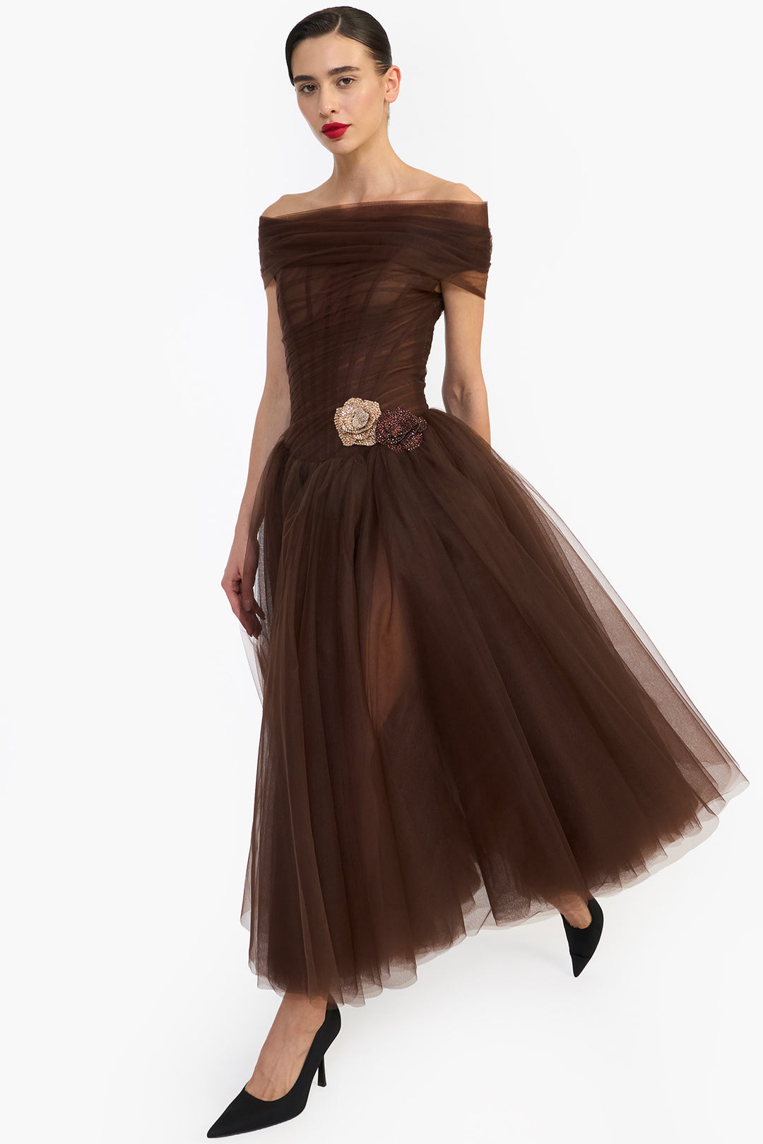 OFF SHOULDER DRAPED TULLE MIDI