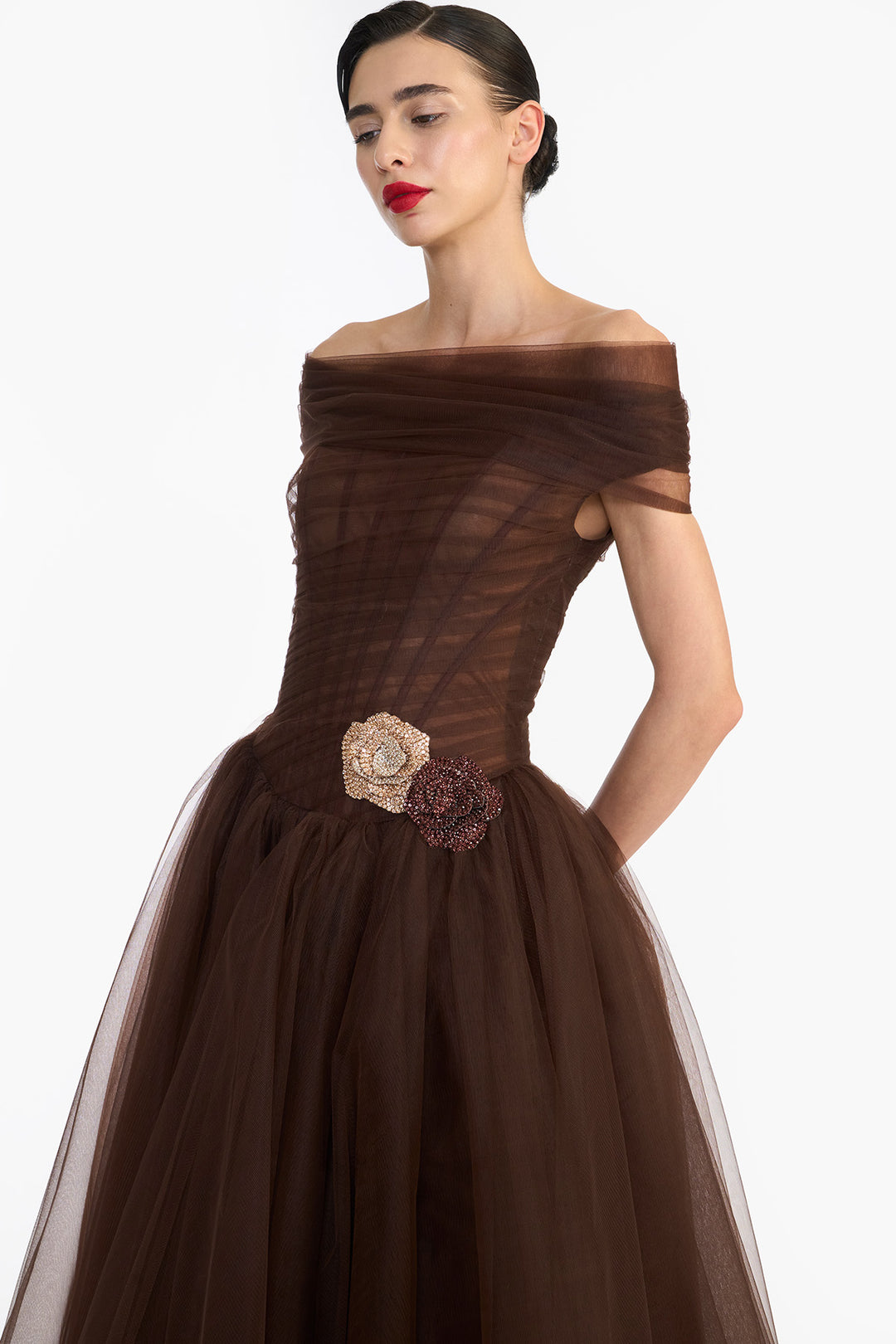 OFF SHOULDER DRAPED TULLE MIDI